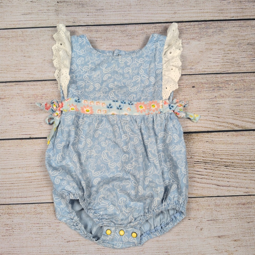 Matilda Jane‎ Baby Girl Romper One-Piece Bubble Blue Paisley Floral Lace Ruffle